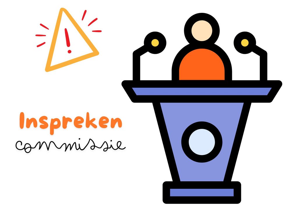 poppetje achter spreekgestoelte met daarnaast een uitroepteken en de tekst inspreken commissie