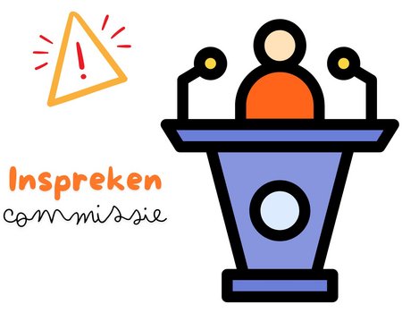 poppetje achter spreekgestoelte met daarnaast een uitroepteken en de tekst inspreken commissie