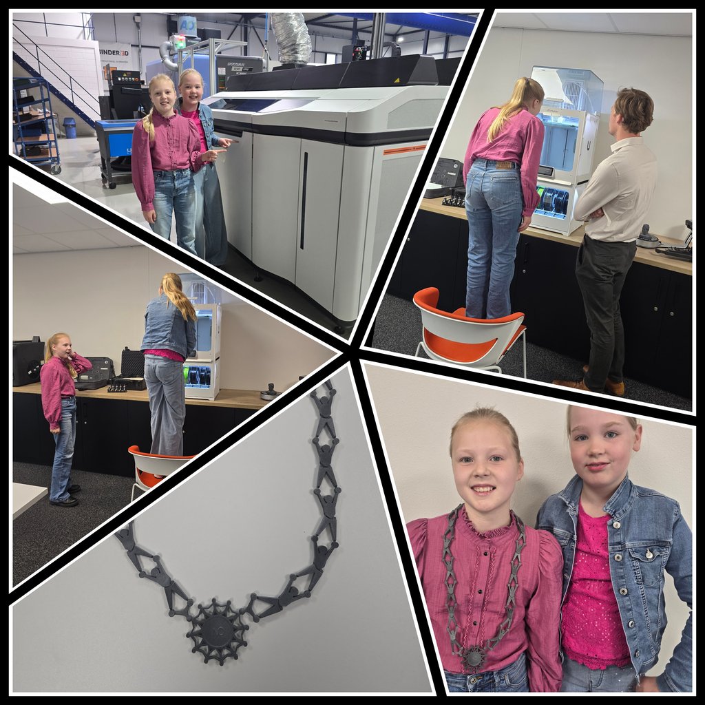 fotocollage met Feline en Jolien, de grote 3D printer en de ambtsketen