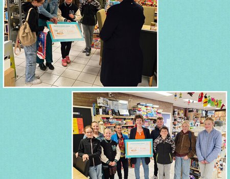 fotocollage overhandiging cheque door kinderraadsleden aan Mabel Stuiver en groepsfoto