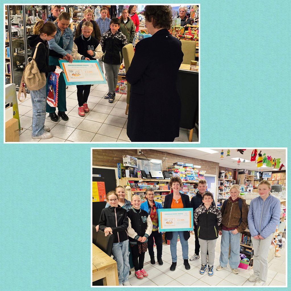 fotocollage overhandiging cheque door kinderraadsleden aan Mabel Stuiver en groepsfoto